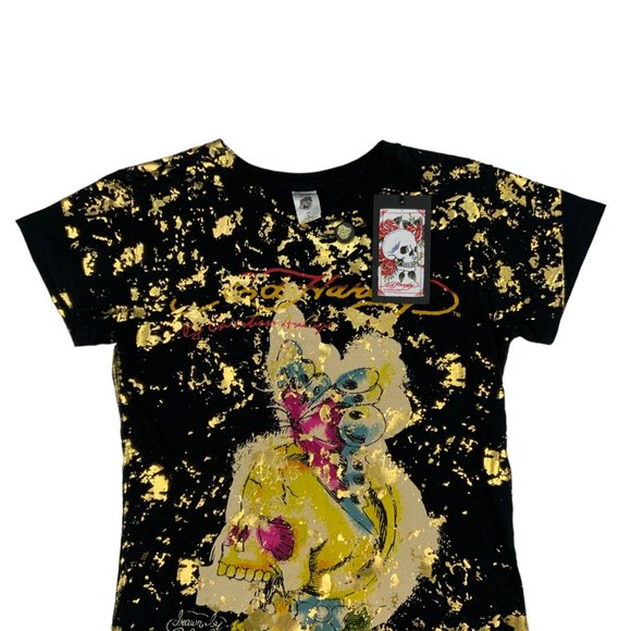 Ed Hardy NWT Rare Gold Fleck Sketch T-Shirt L Black Butterfly Skull t-shirt - Picture 6 of 11
